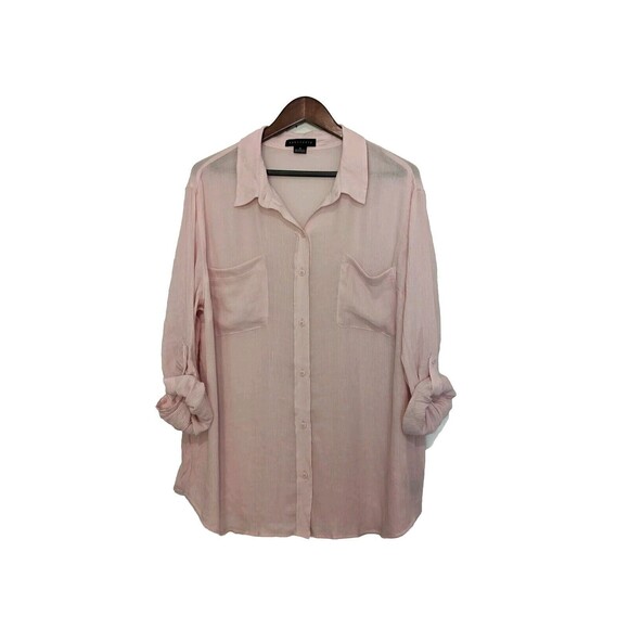 Sanctuary Button Front Pink Crinkle Lightweight Blouse 1X Revolve Tab Sleeve - Picture 1 of 4